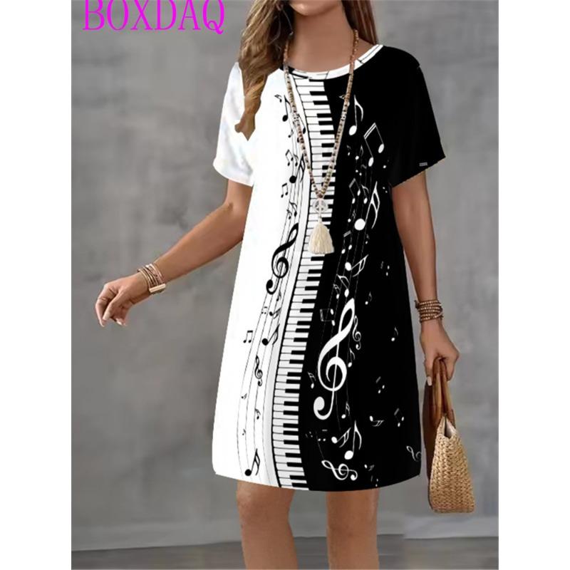 Alphabet Music Symbols Patterns Women Dress Summer Loose Casual Gradient Stripe Print Mini Dress Woman Short Sleeve A-Line Dress
