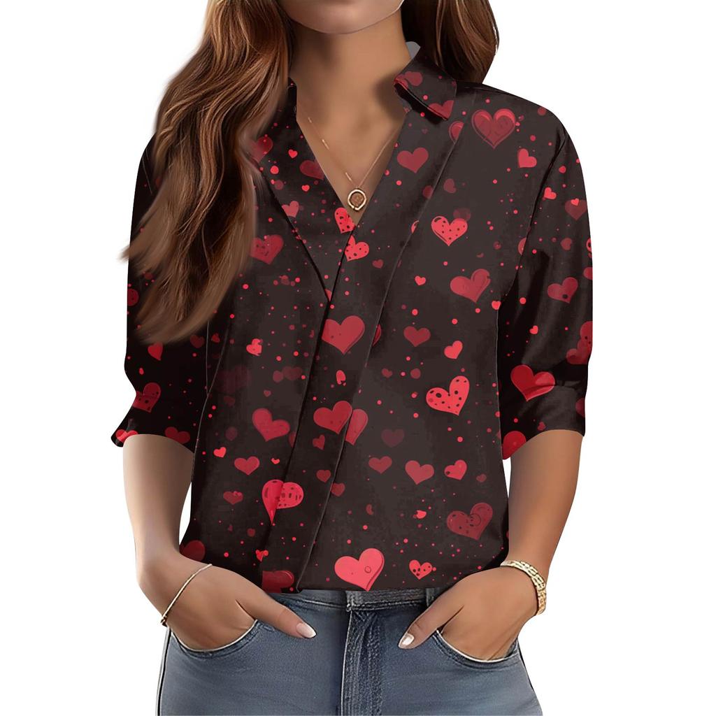 Women's 3/4-Sleeve V-Neck Shirt Printed Workwear Casual Regular Shirt Collar Top