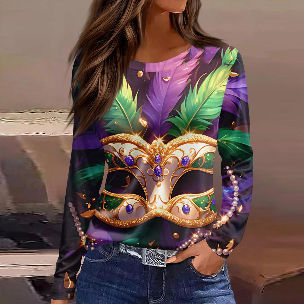 Damenmode Lässig Schlitzsaum Rundhals Langarm Locker Bedrucktes T-Shirt Top