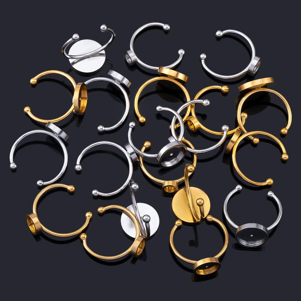 10pcs Adjustable Open Finger Ring Setting Stainless Steel 4mm 8mm 12mm Round Blank Ring Base Bezel Cabochon DIY Jewelry Making