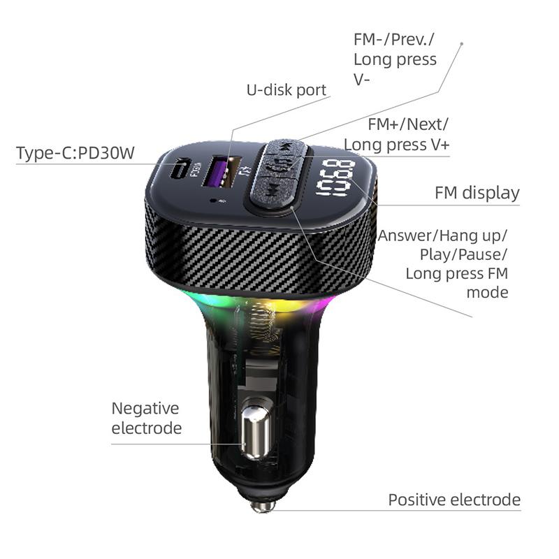 

C50 PD 30W Fast Charging USB+Type-C Car Charger Bluetooth-compatible FM Transmitter with Colorful Light Type A