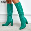 Eilyken Fashion Women Knee High Motorcycle Boots Sexy Pointed Toe Square Heels Long Zipper Female Botas De Mujer Largas