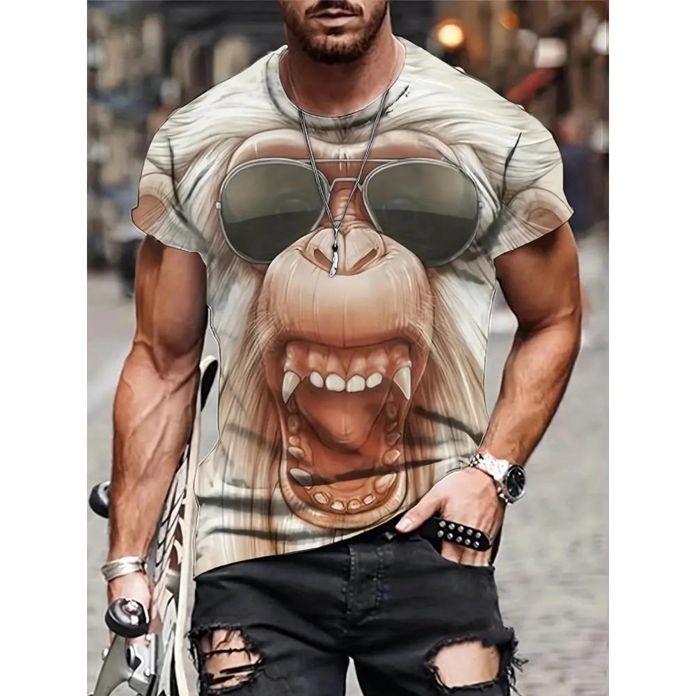 Summer Men Monkey Pattern T-Shirt Hip Pop Short Sleeve Fashion Comfortable Soft Large Size Round Neck T-Shirt