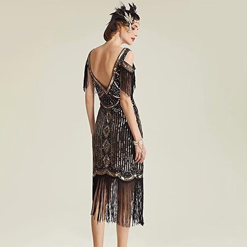 Women's 1920s Gatsby Flapper Dress, Vintage Sequin Fringe V-Neck Cocktail Party Dress