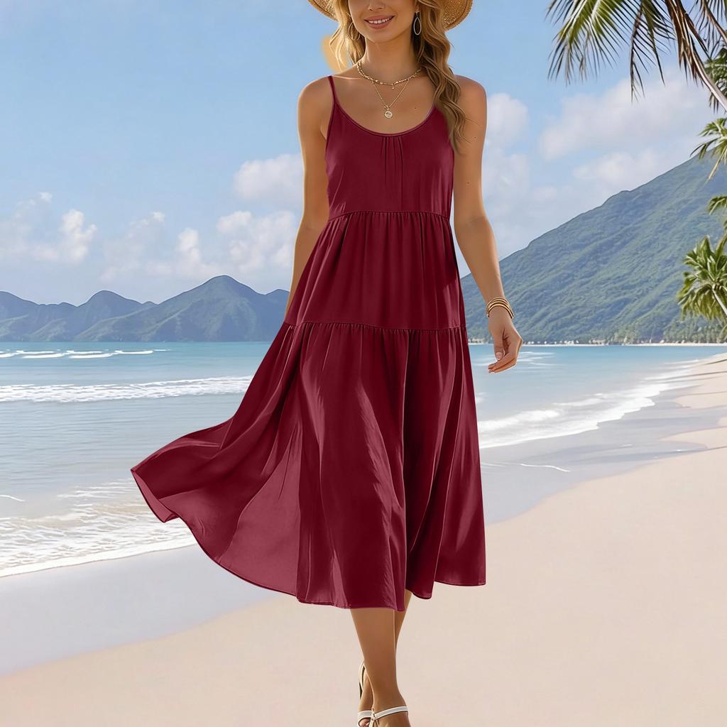 Zomerjurk voor dames, mouwloos, met verstelbare bandjes, bohemien, midi, met zakken, voor strandvakantie, casual kleding