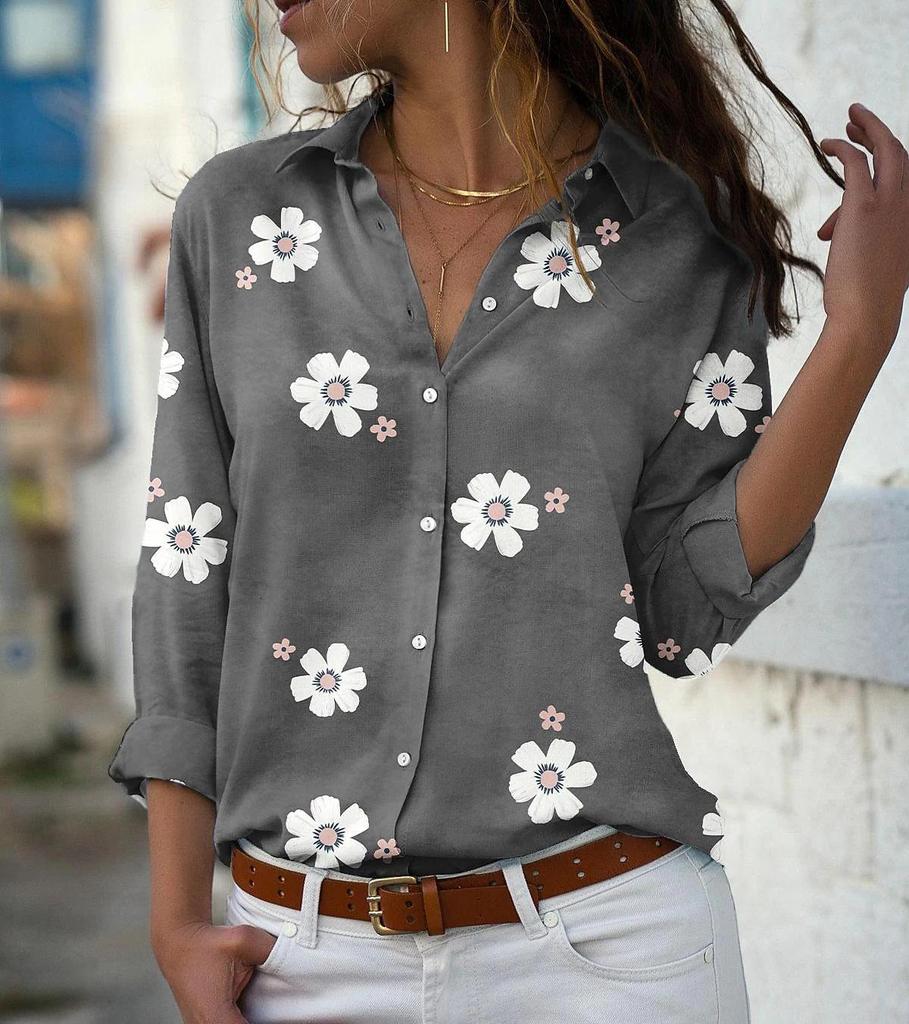 Europa und die Vereinigten Staaten Neue Revers Langarm-Blumendruck-Shirt Temperament Mode Slim Shirt
