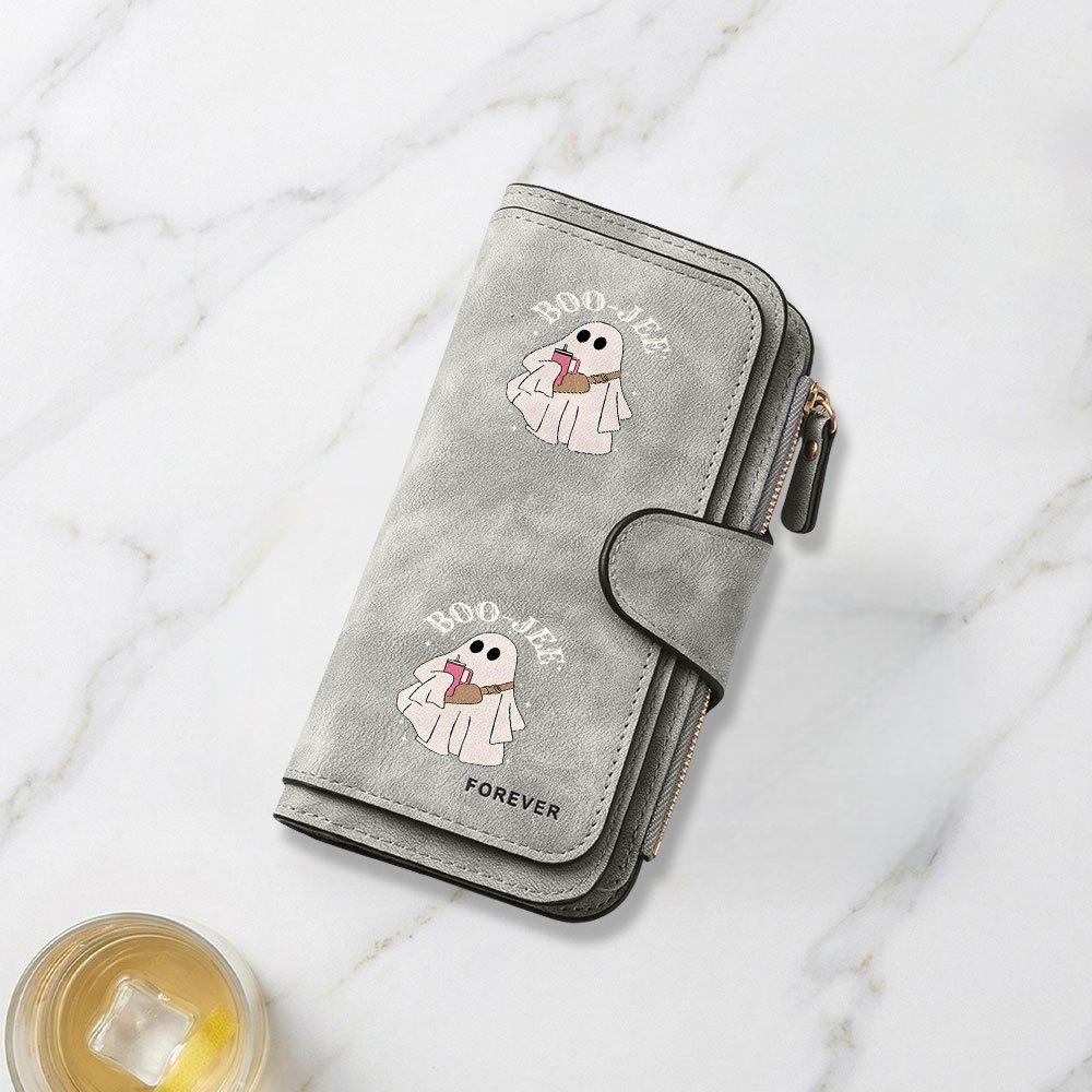 Cute Ghost Holding Drink Illustration Print Long Wallet Unisex Multifunctional Portable Snap Coin Purse Perfect Birthday Gift For Daily Use