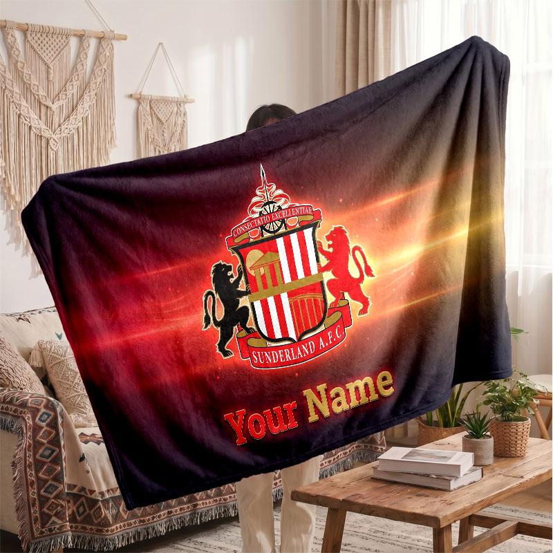 Sunderland FC Personalized Fleece Blanket With Football Logo, Custom Name Text Soft Warm Home Throw Blanket