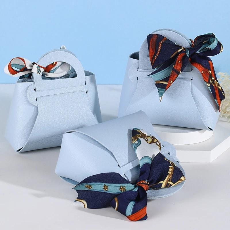 Schleife Band Leder Mini Handtasche Geschenktüten Süßigkeiten Verpackung Box Verpackung Tasche Verteilung Taschen Hochzeitsgeschenk Süßigkeiten Box 5St