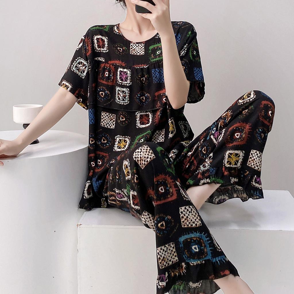 Short-sleeved Trousers Cotton and Silk Pajamas Women's Summer Thin Suit Japanese Sweet Anti-bumps Can Be Worn Outside Cotton Silk Loungewear