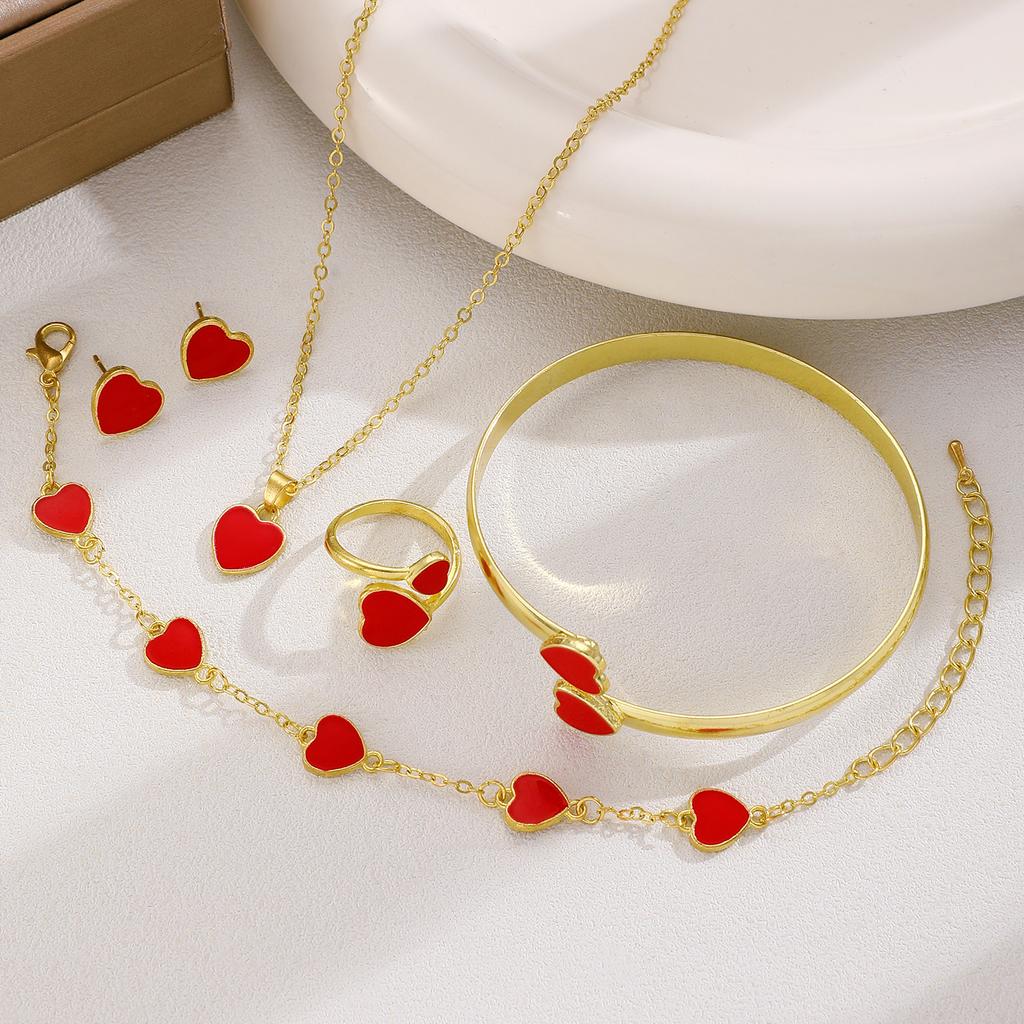 High-quality 2026 heart-shaped jewelry set, fashionable and romantic, exquisite oil drop love heart pendant, five-piece set, popular jewelry.
