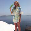 Women Blue & Green Greek Print Scalloped Edge Batwing Sleeve Shirt & Wrap Mini Skirt Set