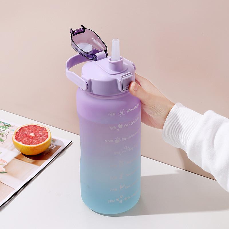 Large Capacity 2L Straw Water Bottle with Lid Reusable Plastic Portable Time Marker Leakproof Sports Cups Drinkware Tumbler
