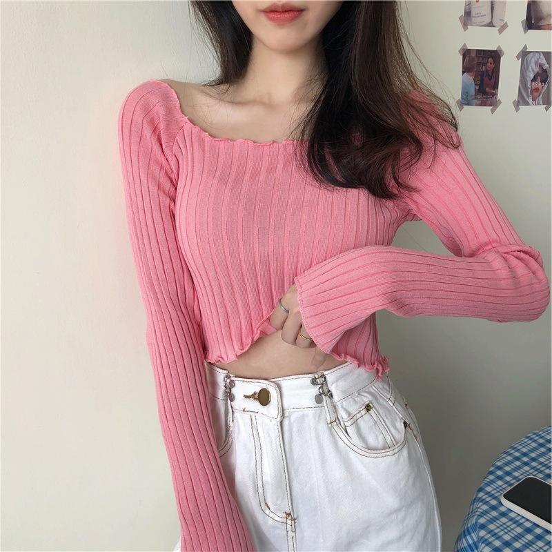 Autumn New Slim Fit Slimming One Shoulder T-shirt for Women Short Knit Sweater, Long Sleeved Top Sweaters