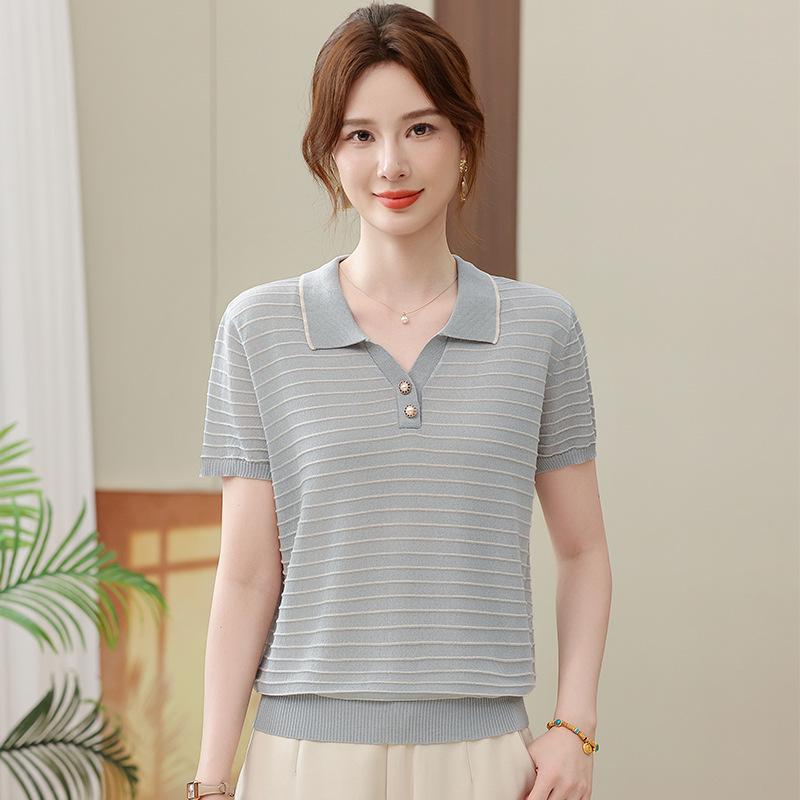 

Mom s Chic Striped Short-Sleeve Knit Shirt for Summer 2026 - Fashionable Lapel Top for Middle-Aged and Elderly Women L (for 80-100 lbs)