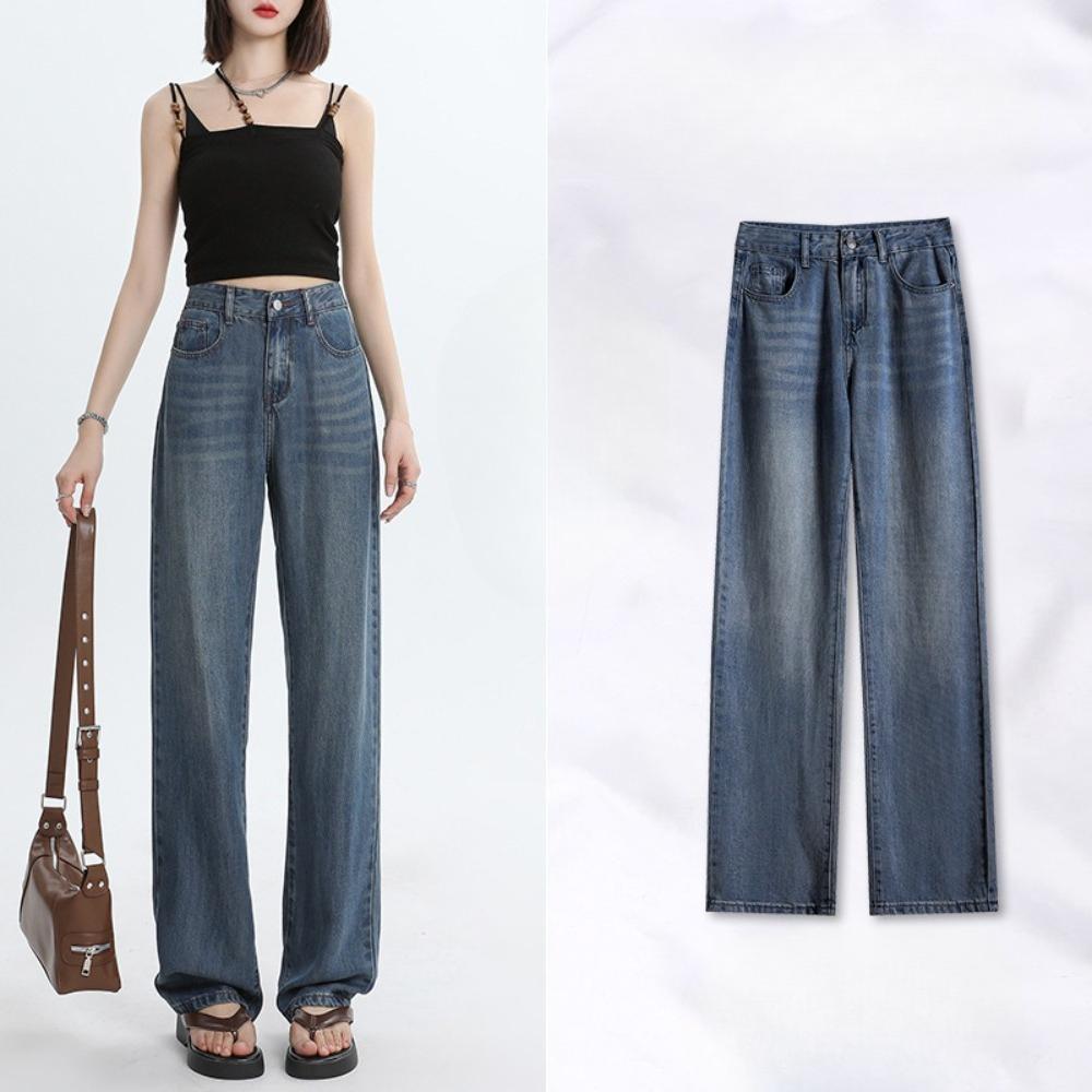 Women's High Waist Tencel Wide Leg Jeans Silky Drape Straight Denim Pants For Summer