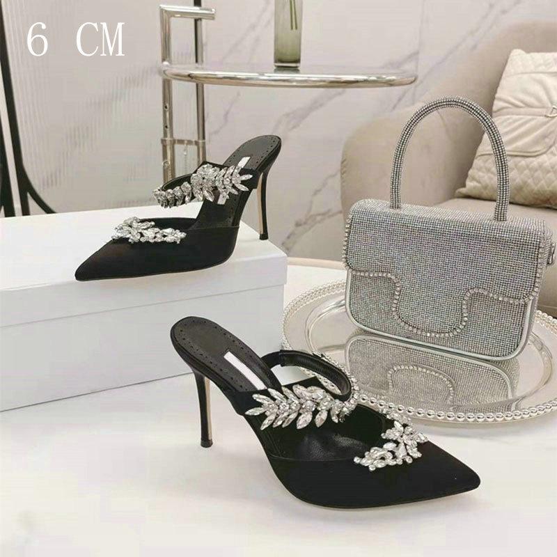 Luxury Crystal Slipper Wheat-Ear Rhinestone Pointed Sandals Silk Satin Covered Head High Heels Slippers Woman