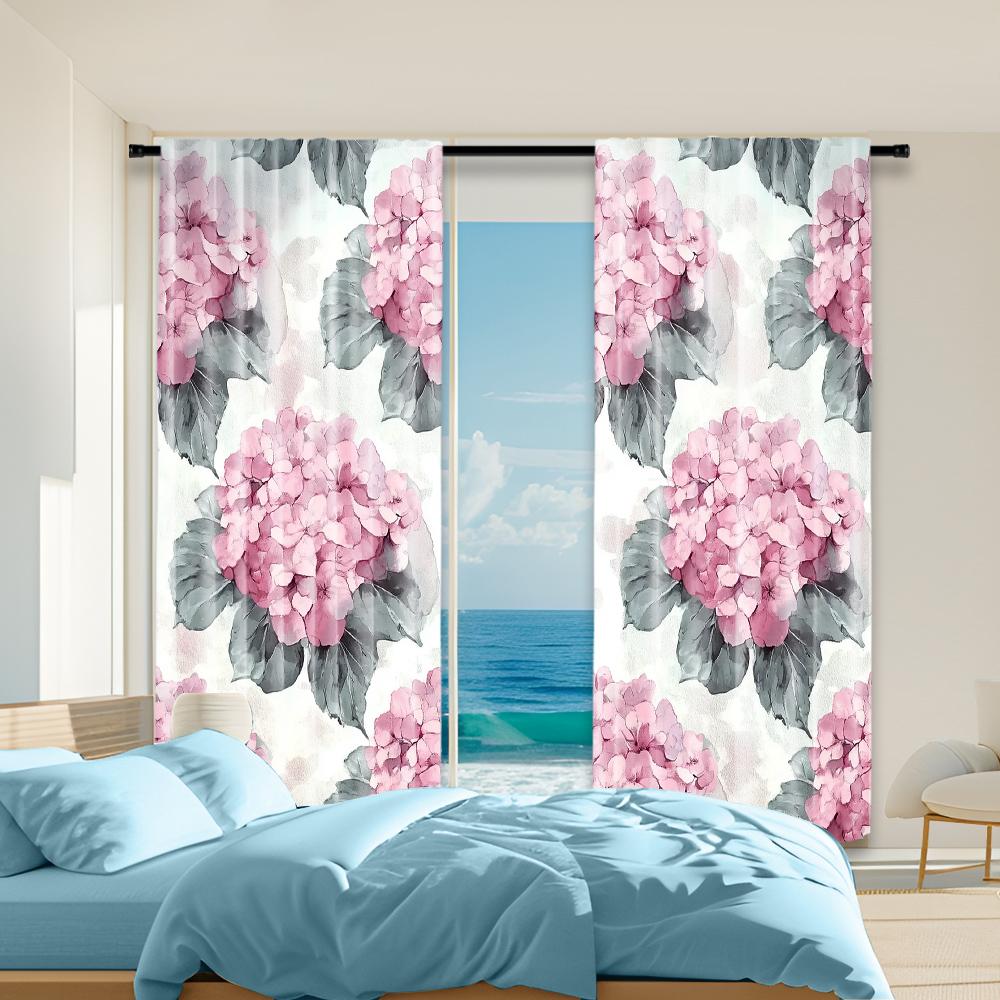 2 pcs, versatile polyester transparent curtains for home decoration Hydrangea Floral for use in bedrooms and living rooms