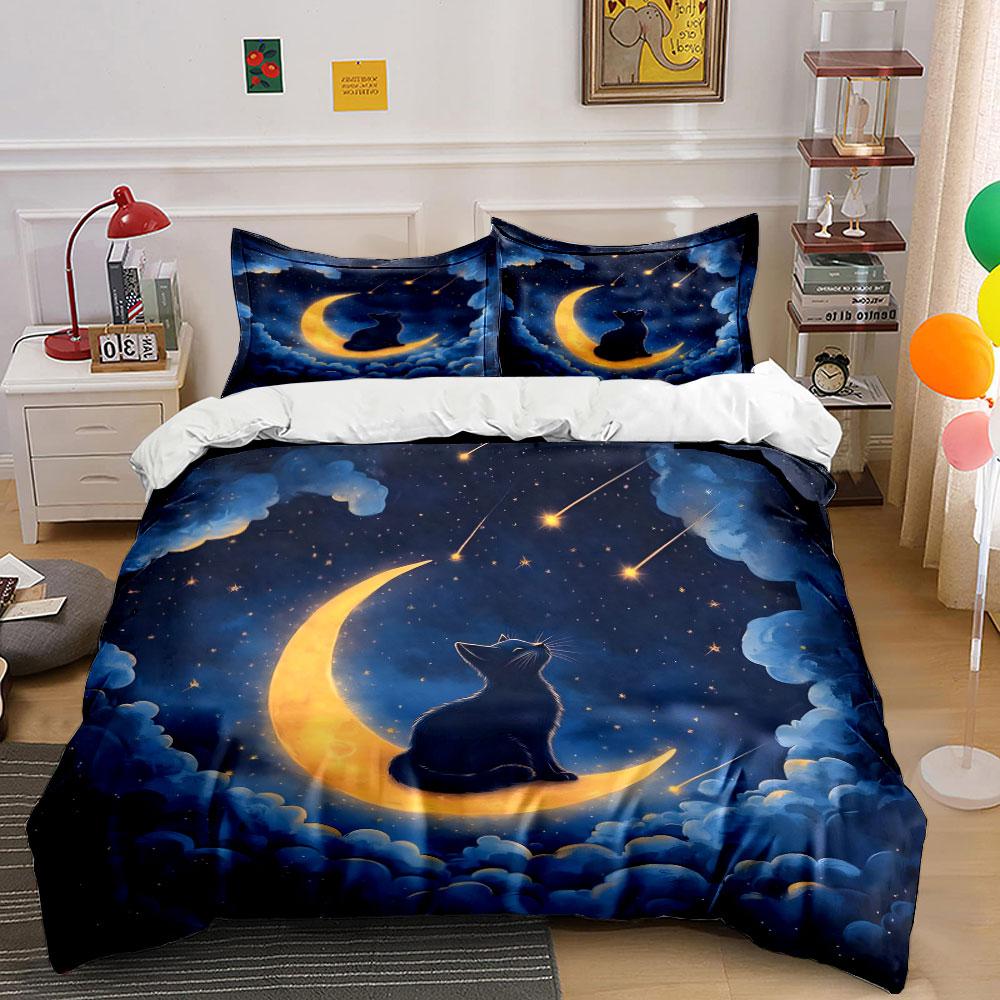 Katze auf Mond mit Sternschnuppen Bettwäsche Bettbezug Set (1*Bettbezug 2*Kissenbezüge, ohne Bettdecke)