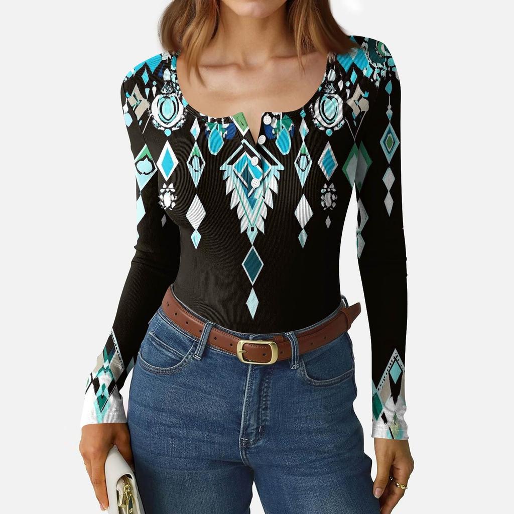 Women's Slim Bottom T-shirt Fashion Casual Gradient Printing Round Neck Pullover Long Sleeve Top