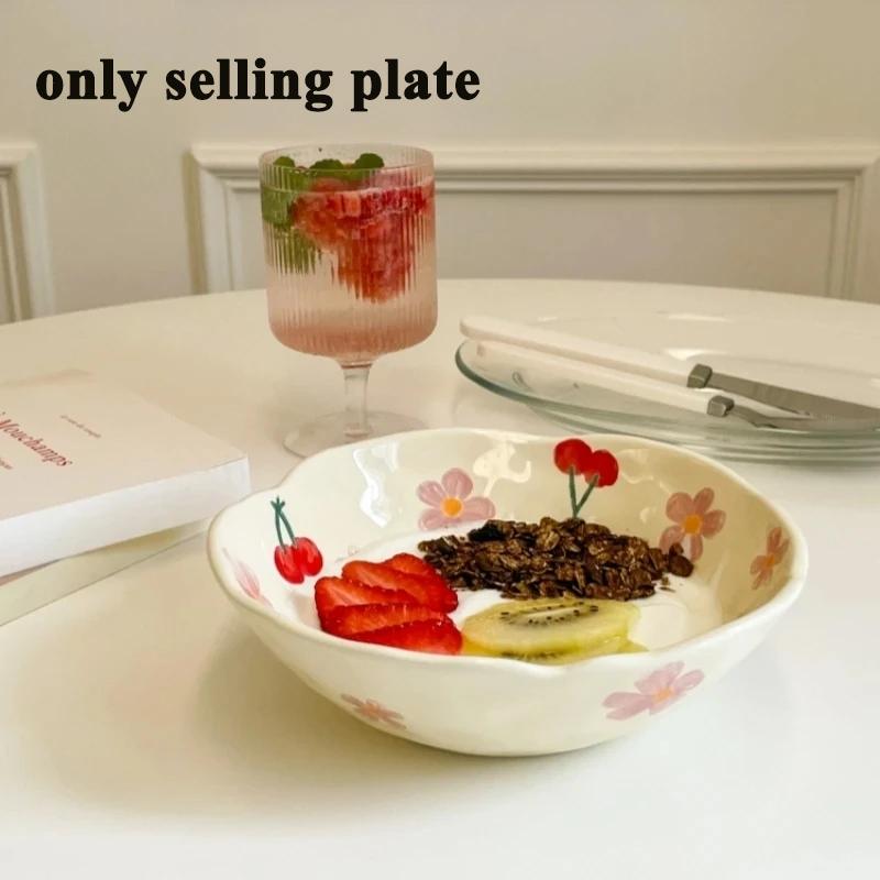 

Необычная керамическая миска, креативная, сложенная вручную, для сервировки фруктового салата, милая десертная миска для йогурта и овсянки с цветком для домашнего использования розовый