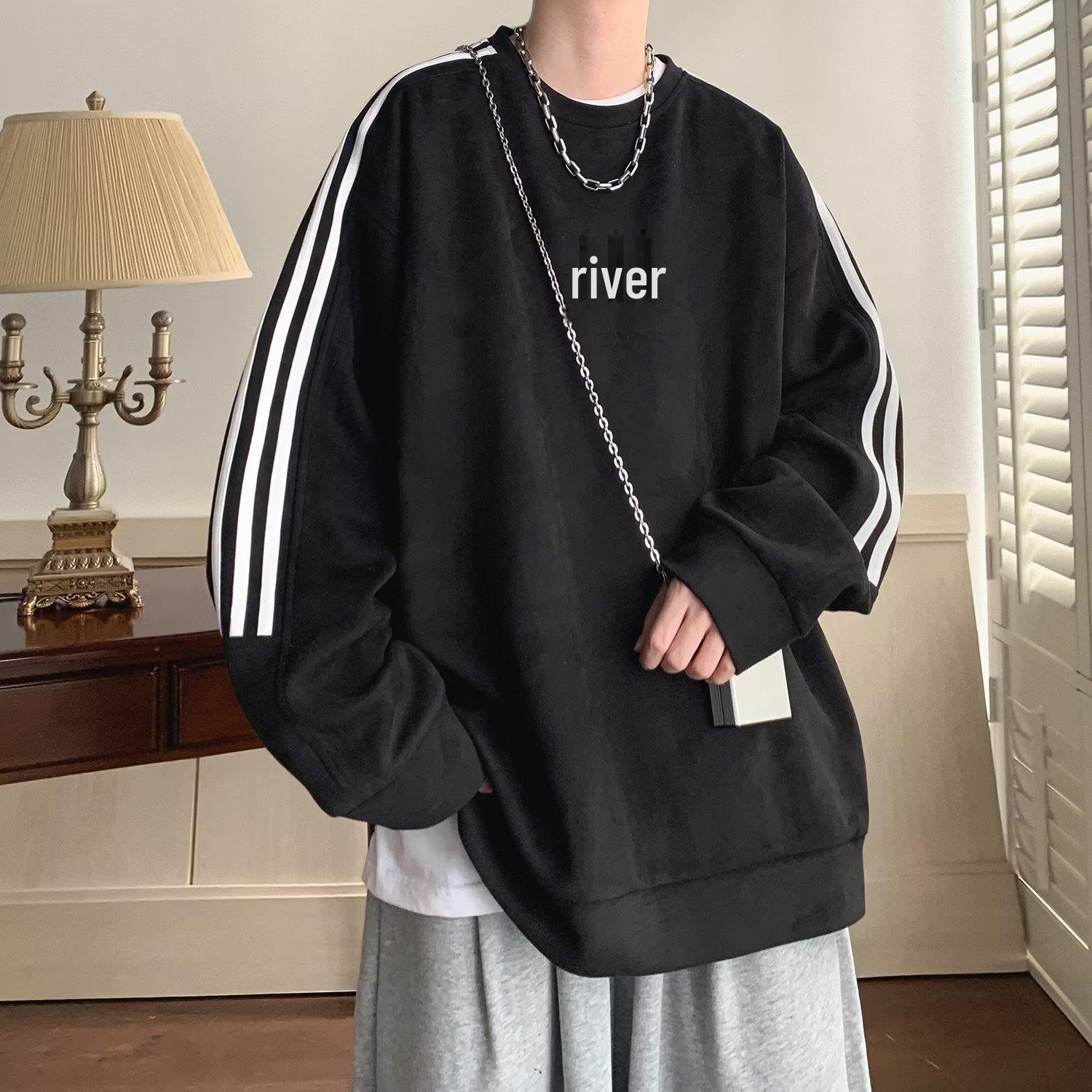 

Мужская замшевая полосатая ретро-толстовка - круглая горловина, свободный крой, модный брендовый топ на весну/осень M чёрный