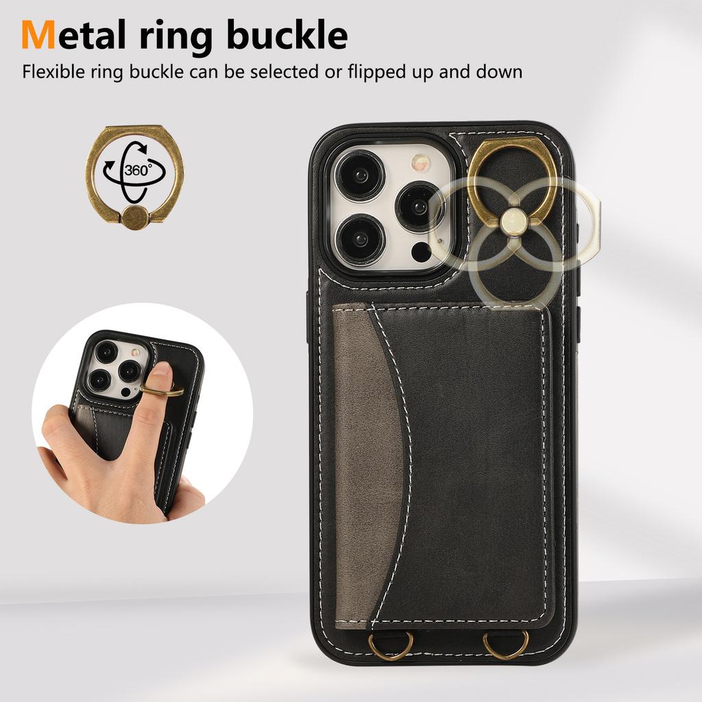 For iPhone 14 Pro Max PU Leather Back Case Card Holder Kickstand Phone Cover with Wrist Strap