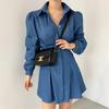 New Arrivals Open Run Women Pleated Shirring Collar Neck Mini Dress