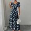 Ruffle Edge Dress Women Puff Sleeves Printed Slim Fit Spring Summer Size S-XXL