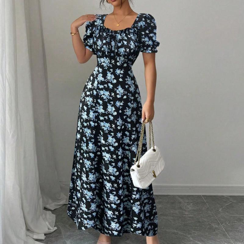 Ruffle Edge Dress Women Puff Sleeves Printed Slim Fit Spring Summer Size S-XXL