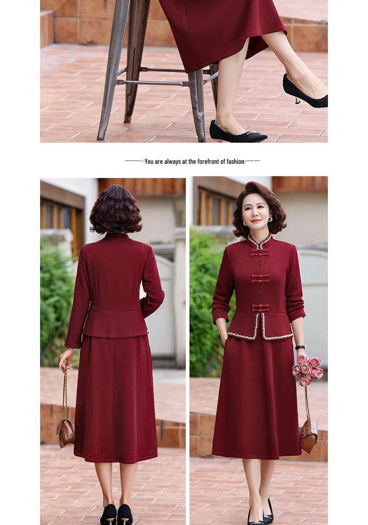 Stylish Two-Piece Faux Dress for Women - Mid-Age Spring/Autumn Design with Belly-Concealing Frog Button