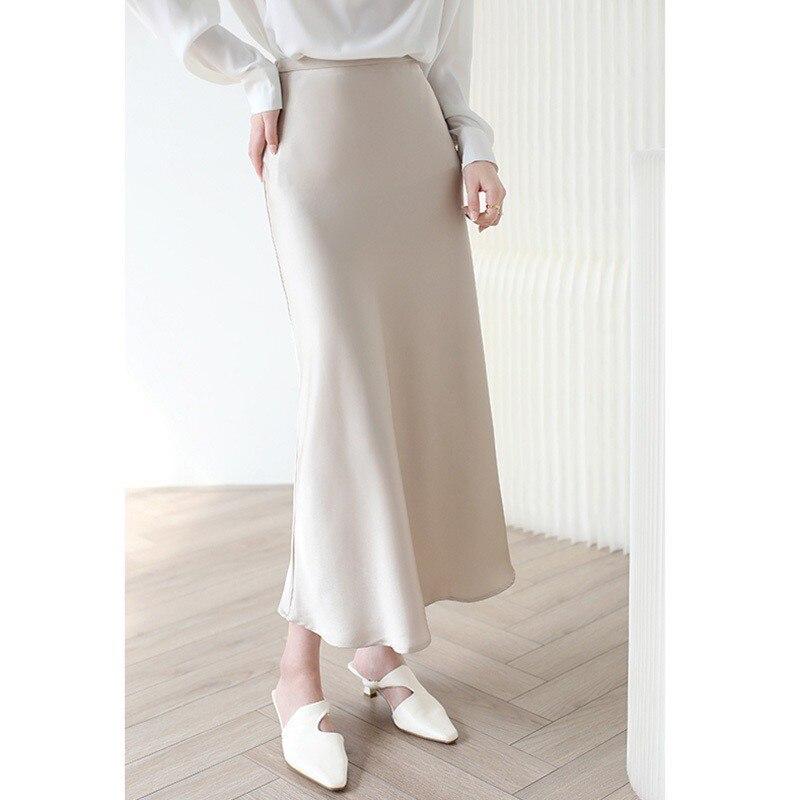 Qooth Women Solid Color Acetate Satin Bodycon Skirt Calf Length Elegant High Waist Shiny Skirt For Spring Summer QT2062