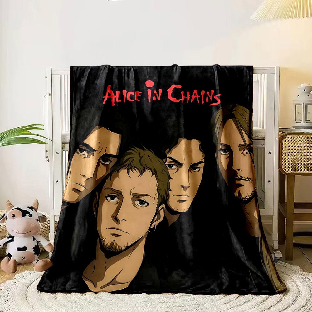 

Stylized illustration with red Alice in Chains text on a black background. for all seasons blanket lunch break throw gift 80cm x 120cm
