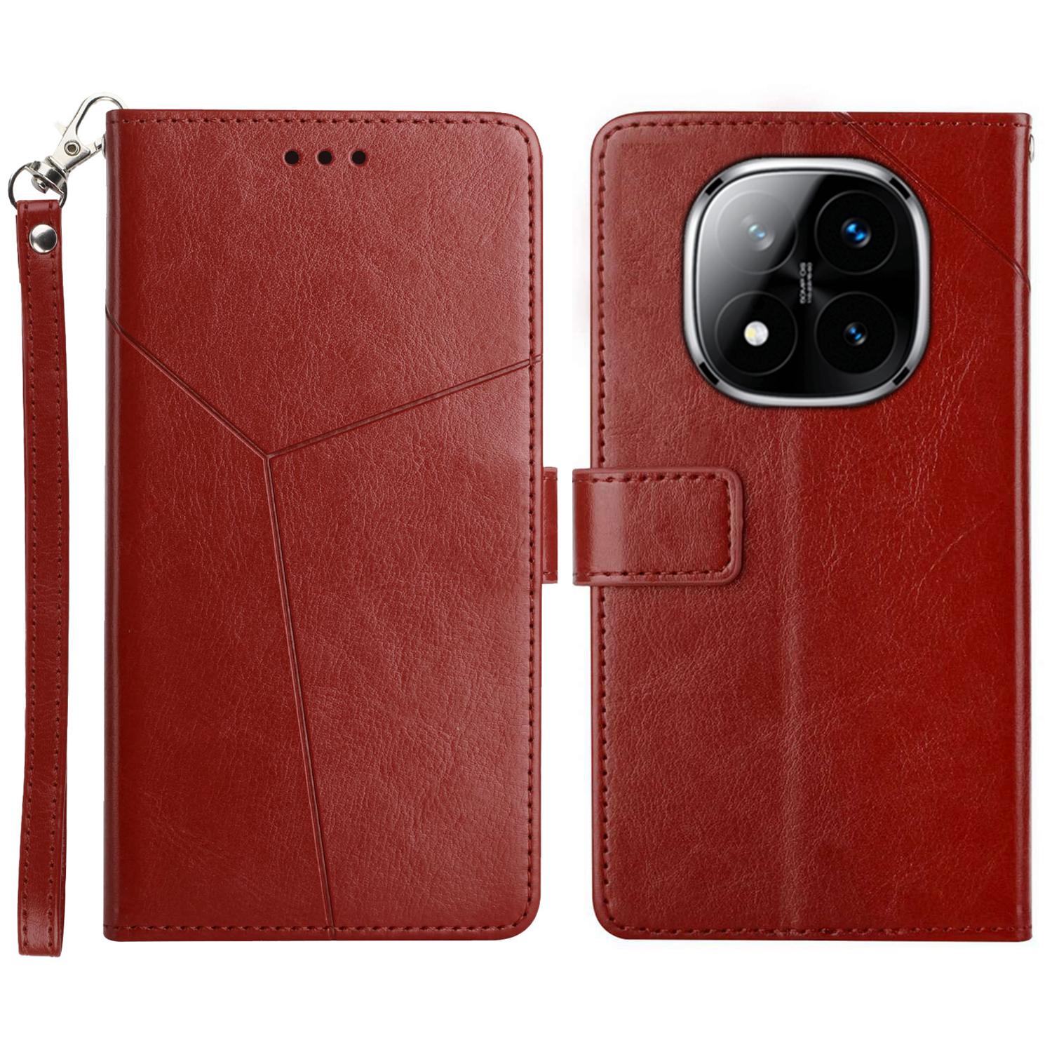 

For Xiaomi Redmi Note 14 Pro 4G Case Y Shaped Lines Imprint Leather Phone Cover Brown