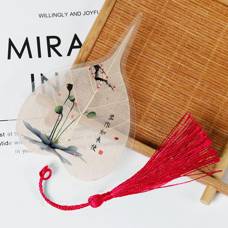 Chinese Bodhi Leaf Bookmark: Floral Ink Wash Style with Peach Blossom, Peony, and Lotus