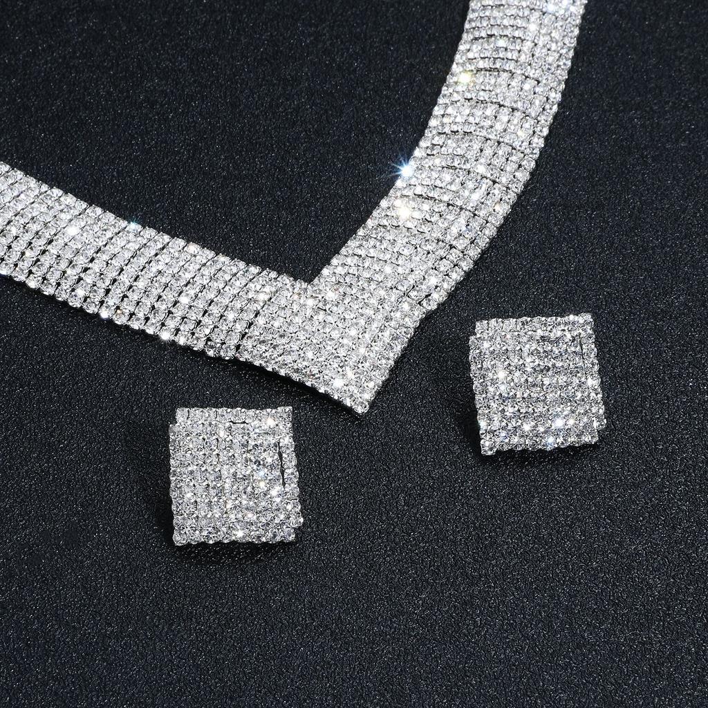 Luxury super flash geometric square multi-row rhinestone necklace earrings two-piece set