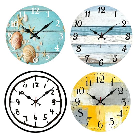 2D Flat Wooden Wall Clock Silent Quartz Movement Hand-Painted Clock Home Office Bedroom Living Room Digital Analog Clock Decoration