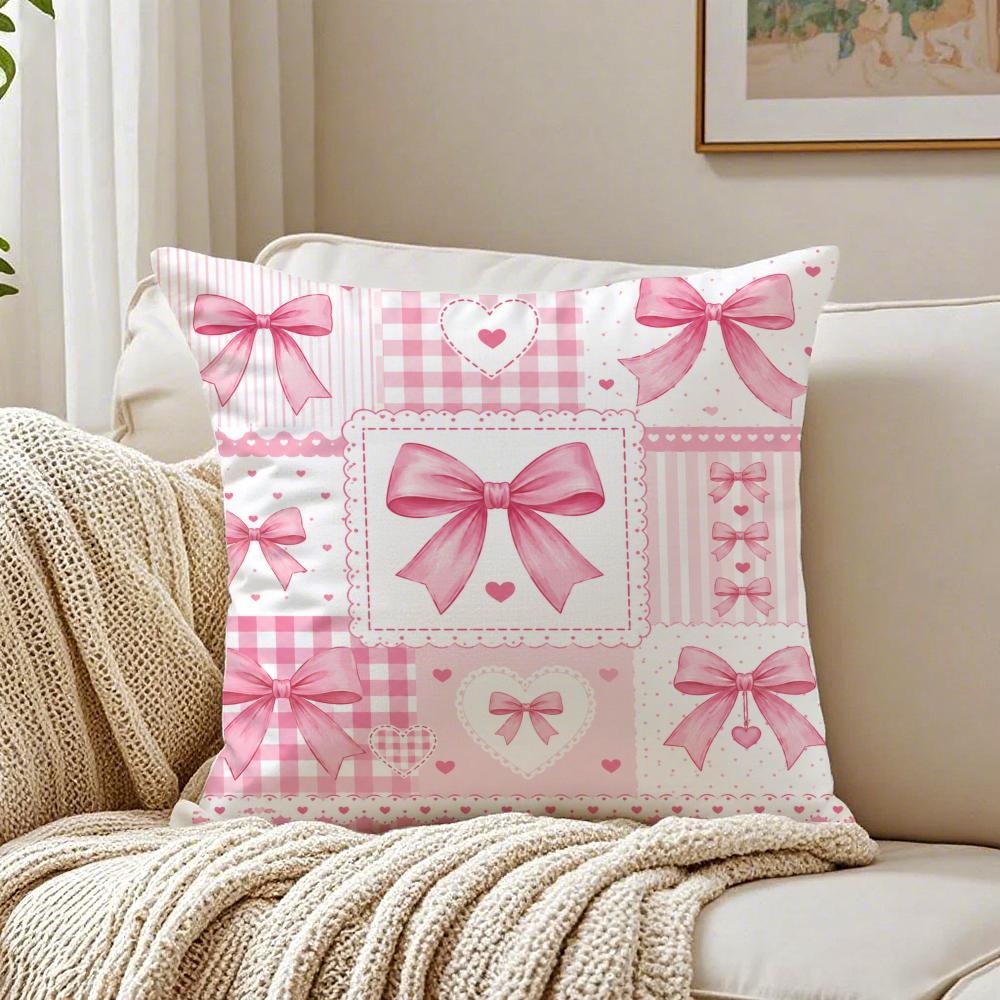 Pink Bow Pattern Cushion Cover Breathable Organic Short Plush Cushion Covers Machine Washable Wrinkle-Resistant Soft Durable