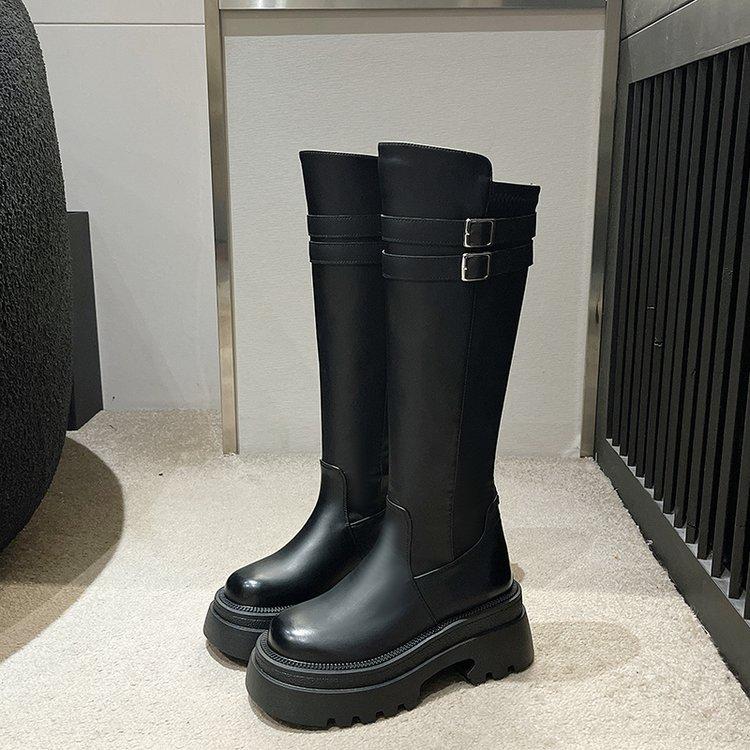 Knee Over Long Boots For Women  New Retro Round Toe Thick Soled High Boots With Thick Heels And Leather Buckle Elastic Boots