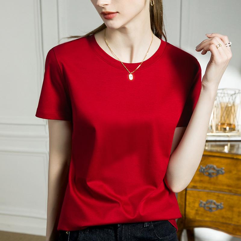 Skin-friendly support cool feeling double mercerized cotton slim fit solid color simple female slim short sleeve, white T