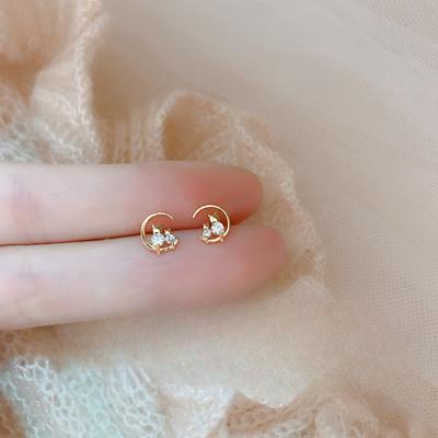 Cat Earrings On The Moon Women's Simple and Small Earrings Sleeping Ear Holes Student Earrings