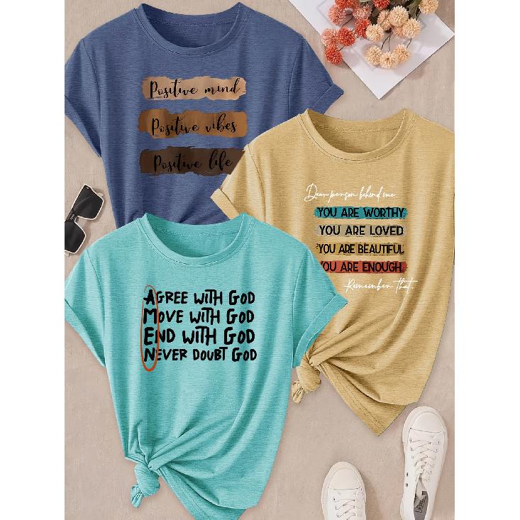 Spring and Summer Hot Sale Women's Clothing 3 Pack of round-neck short-sleeve shirts T Shirt Positive energy self-affirmation text print Sunlight