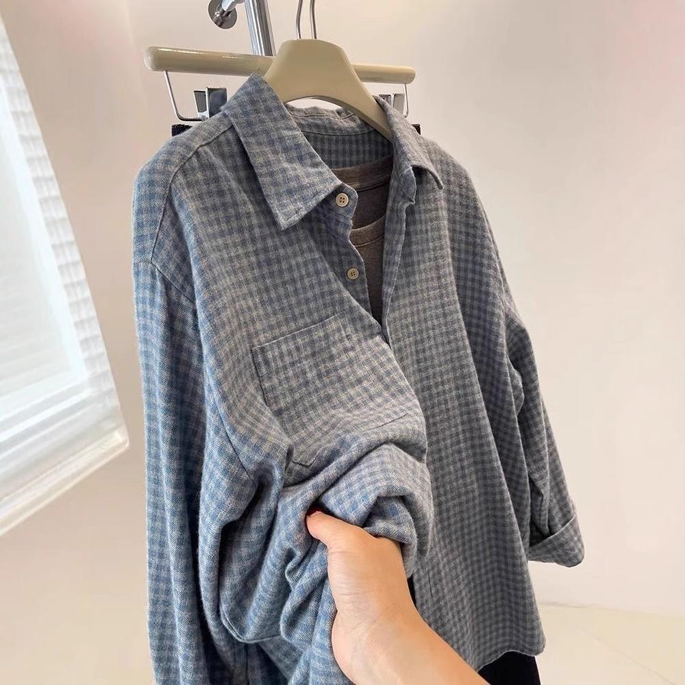 Korean Vintage Polished Blue Plaid Long-sleeved Shirt Women's Spring and Autumn New Loose and Lazy Top