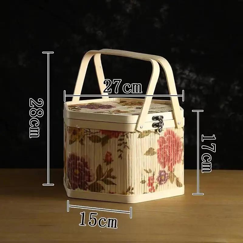 Kitchen Basket for Rice Dumplings and Mooncakes, Souvenir Packaging, Round Peony Flower, Portable Bamboo Basket, Bamboo