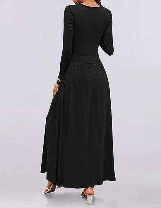 2025 Cross-border Women's Round Neck Pleated Pocket Slim Fit Long Sleeve Knit Dress