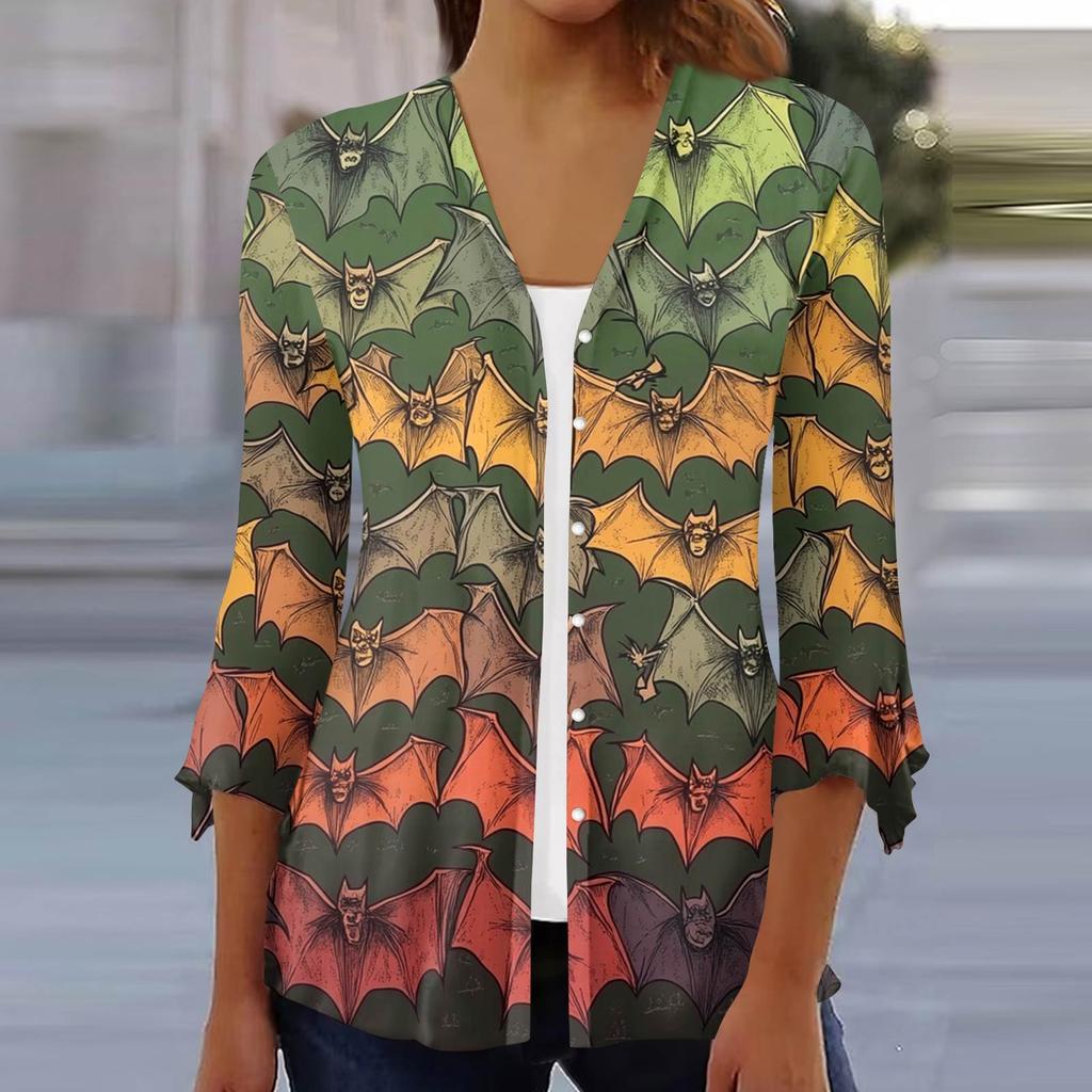 Damen Locker Lässig Bedruckt Siebenärmel Knopfleiste Hemd Strickjacke Top