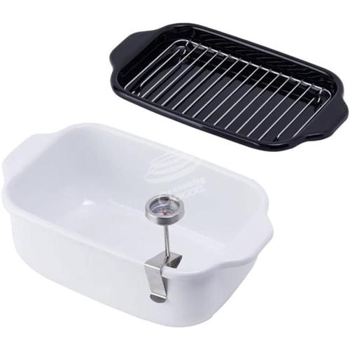 Fuji Horo Tempura Pot, Enamel, Square, with Thermometer, Induction Compatible, Deep Frying Pan, with Drain Rack, White, TP-20K W