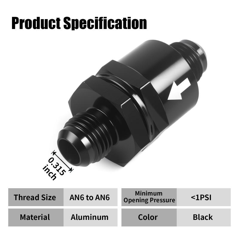1PCS Aluminium Non Return One Way Check Valve Shuttle Type Check Valve Adapter Black for Car Engines Fuel/Hydraulic AN6 AN8 AN10