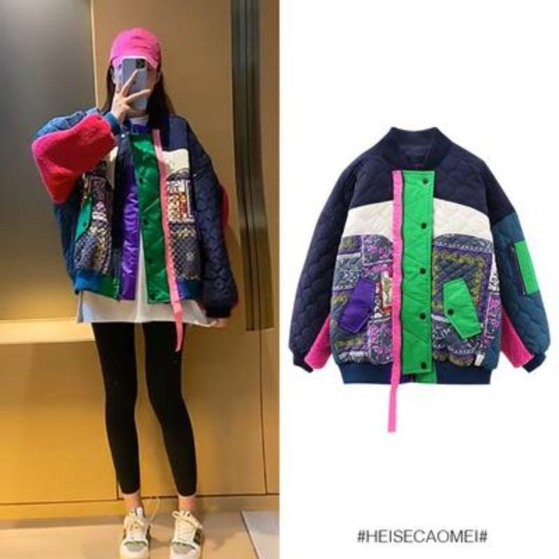 Zimowa damska patchworkowa kontrastowa kurtka Baseballowa wełna jagnięca Luźne ciepłe płaszcze z nietoperzami