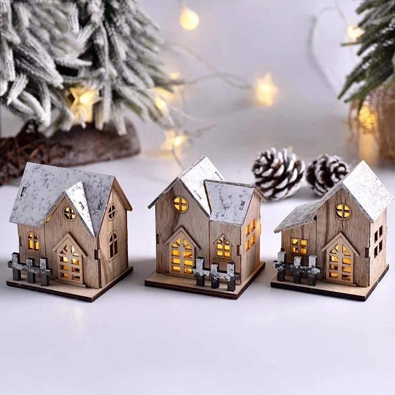 Weihnachts-LED-Licht, Holzhaus, leuchtende Hütte, frohe Weihnachtsdekoration für Zuhause, DIY-Christbaumschmuck, Kindergeschenke für das neue Jahr